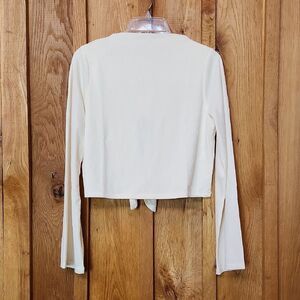 BOG Mock Neck Open Back Crop Top Bell Sleeve Ribbed Blouse, Medium, Cream